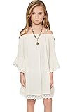 Mrignt Big Girls Sling Casual Lace Dresses the Off Shoulder Bell Sleeves Summer Party Dress(Tan, 13-14/Age )
