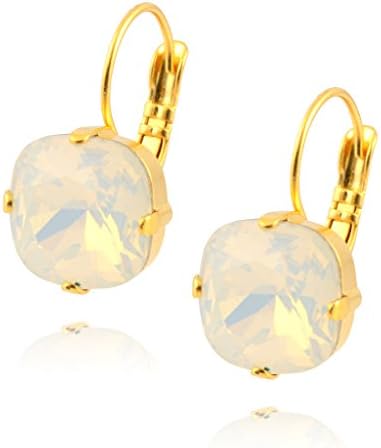 Nara Square Cushion Crystal Drop Earrings, Gold Plated French Leverback with White Crystal