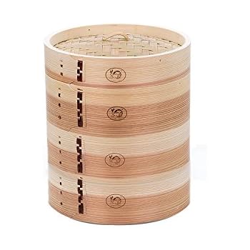 HUANGYIFU Chinese 7-12 Inch Handmade Food Wooden Steamer 3 Tiers Deep Wooden Basket - for Dumpling Dim Sum