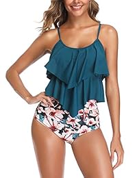 Verano Playa Traje de baño de dos piezas con volantes en capas con parte superior de tankini con cintura alta en la parte inferior