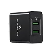 Quick Charge Qualcomm 3.0 2 port USB Wall Charger by Wasserstein for Aro Pro, Arlo Pro 2, Galaxy S8, S8 Plus, LG G6, LG G5, iPhone, iPad & More I Qualcomm Certified (Black)