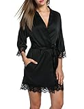 HOTOUCH Women's Lace-Trimmed Satin Short Kimono Robe Bathrobe Loungewear S-XXL