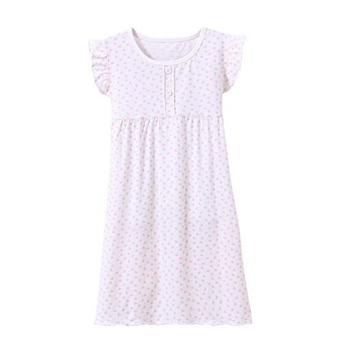 BOOPH Girls' Princess Nightgown, Cotton Baby Toddler Girl Heart Shape Dots Sleepwear Short Sleeve Nightwear Dress for Girls White 6-7 Year Old