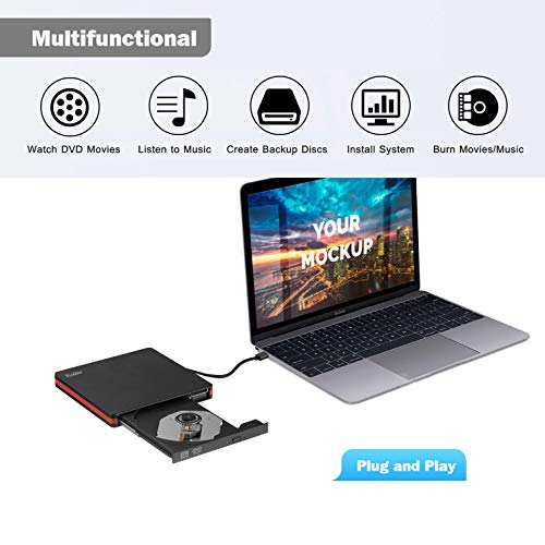 Rioddas External CD Drive USB 3.0 Portable CD DVD +/-RW Drive Slim DVD/CD ROM Rewriter Burner Writer Compatible with Laptop Desktop PC Windows Linux OS Apple Mac (Black-usb3.0)