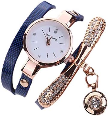 Absolutemy〔☀ㄥ☀〕Women Artificial Leather Rhinestone Analog Quartz Wrist Watches Fashion Diamond Bracelet Watch with Chain