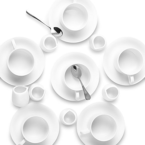 Nucookery White Coffee, Espresso & Tea Cup Saucer Set with Silver Metal Spoon, 6pc Serving Kit(1 Set) - Thumbnail 2