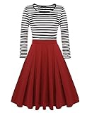 ACEVOG Women's Vintage Stripes Patchwok A-line Long Sleeve Cocktail Dress