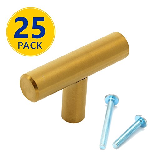 25 Pack | 2" Gold T Bar Cabinet Pulls: 2" T Knob | Modern Euro Style Brushed Brass Finish Kitchen Cabinet Hardware/Drawer Handles