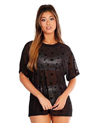 iHeartRaves Star Lover Oversized Mesh T-Shirt Dress (Black, 1X)