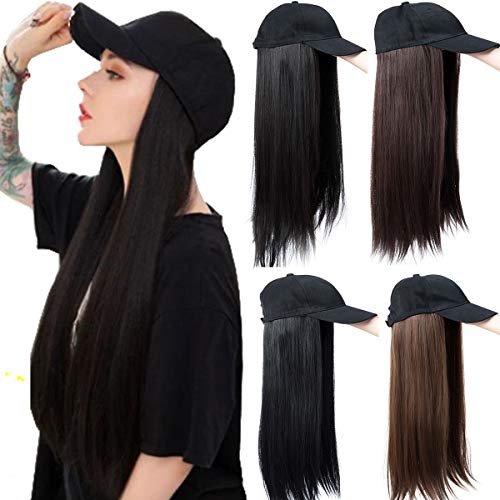 21″ Baseball Cap With Synthetic Hair Extensions Long Straight Hairpiece Wig with Adjustable Black Baseball Hat with Hair