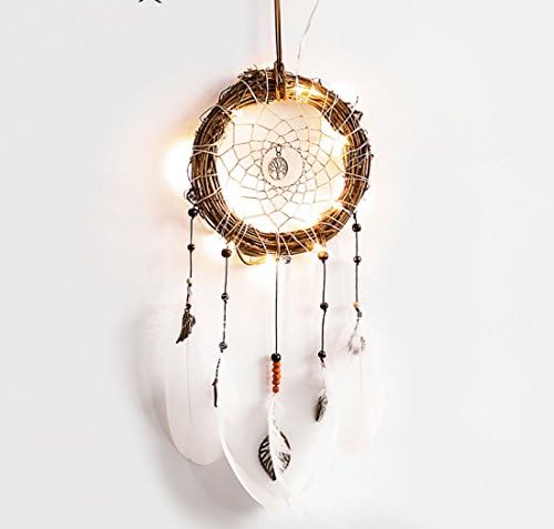 Blocksco Dream Catcher White Feather LED - Battery Powered Fairy Lights Hanging Ornaments with Dipped Glitter Feathers Bohemian Wedding Decorations Nursery Decor Kids Room Decor, Dia 6" Length 23"