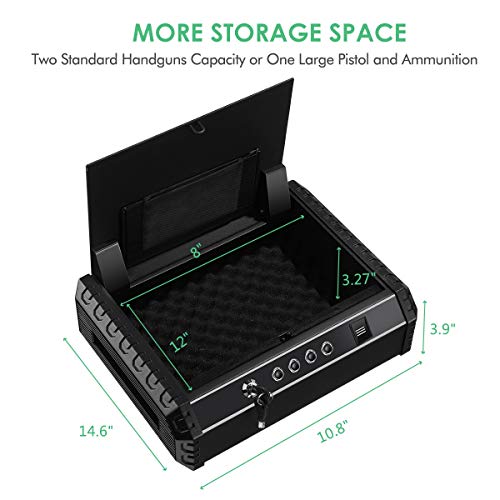 PRYMAX Biometric Gun Safe, Smart Pistol Safe with 4 Digits Code, Wall Mount Bracket, Quick Access with Auto-Open lid, 2 Handgun Capacity, Gun Cabinet for Home and Car Security