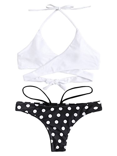 SOLYHUX Women's Sexy Halter Wrap Knotted Back Bikini Set Swimsuit Polka Dot S