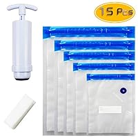 Heatoe 17Pcs Food Vacuum Bags, Practical Food Storage Bacuum Bags, Hand Pumps And Vacuum Bag Combinations Of Different Sizes (15 Vacuum Bags + 1 Hand Pump + 1 Button).