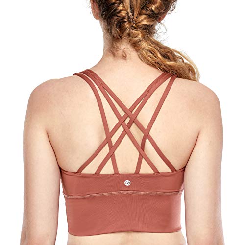 CRZ YOGA Strappy Sports Bras for Women Longline Wirefree Padded Medium Support Yoga Bra Top Red Bronzer M