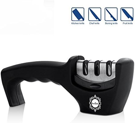 Knife Sharpener Machine with Handle, for Straight Knives, Ceramic Knives, Scissors. Three Stage Diamond Coated Wheel System sharpens Dull Knives Quickly, SAFE and EASY to use.