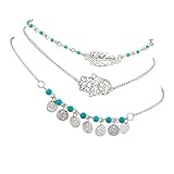Lux Accessories Hamsa Evil Eye Leaf Feather Turquoise Bead BFF Best Friends Forever Anklet Set (3 PC).