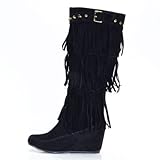 Bridget 02 HI Fringe Moccasin Mid Calf Wedge Boots Black