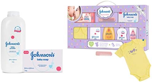 Johnson'S Baby Powder (400G) With Free Johnson'S Baby Soap (100G) & Baby Care Collection Baby Gift Set With Organic Cotton Baby Dress (8 Pieces) Combo