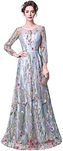 Risestaryiding Women's Formal Dress Flower Embroidery Prom Party Dress Elegant Long Evening Gown (8, Gray)