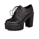 WeiPoot Womens Closed Round Toe High Heel Chunky Platform Imitated Leather Solid Pumps with Bandage