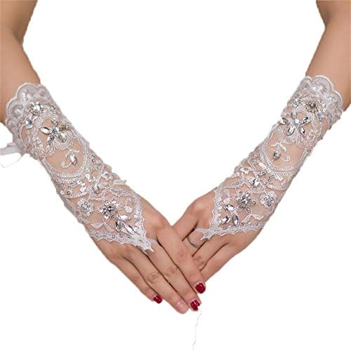 Qunvian Women's Lace Beaded Wedding Gloves Elbow Bridal Gloves