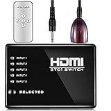 G1-Tech 5 Port HDMI Switch Box Plus Auto Remote Control 5 In 1 Out Splitter Full HD 1.4 Switcher for PS3 Xbox 360, DVD Bluray Player HDTV Camcorder HTPC Laptop Support 3D 1080P