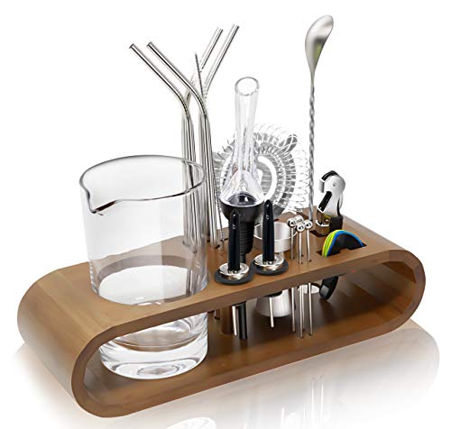 Mixology Bartender Kit 25-Piece Set: Bamboo Base, Mixing Glass 24oz-700ml, Strainer, Bar Spoon & Muddler, Wine Aerator, Straws, Jigger, Liquor Pourers, Garnish Picks, Waiter Corkscrew & Drink Markers - Thumbnail 3