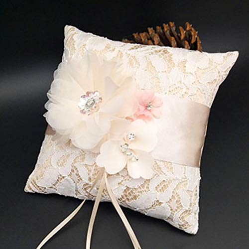 Aisheny 1Pc Floral Lace Ring Pillows, Bridal Wedding Ceremony Pocket Bearer Cushion Pillow Cushion with Ribbon (Color : Beige)