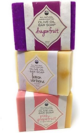 Handmade Luxury Olive Oil Bath Body Soap Bar Fruit Fragrances Full Size Sampler Pack – Pink Grapefruit, Dragonfruit and Lemon Verbena-Natural Bathroom Hand and Scrub-Scented Hydrating Facial Travel