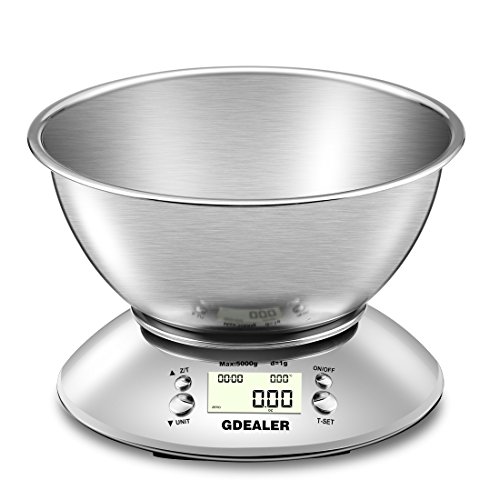 GDEALER Digital Kitchen Scale 11lb/5kg Accuracy Food Scale Multifunction Kitchen Scale with Bowl, Stainless Steel, 2.15L Liquid Volume, Alarm Timer, Temperature, Backlight LCD Display