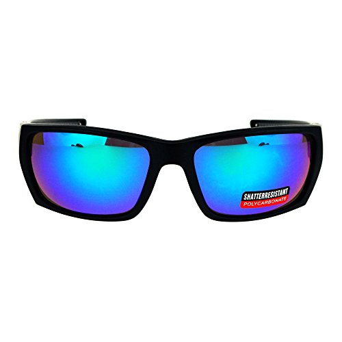 Mens Sports Sunglasses Rectangular Plastic Rubber Frame UV400 Black, Teal Mirror