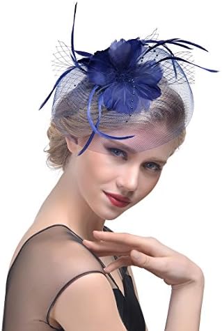 Flower Mesh Bow Fascinator Cocktail Party Hair Clip Net Veil Hat for Women Girls (Navy Blue)