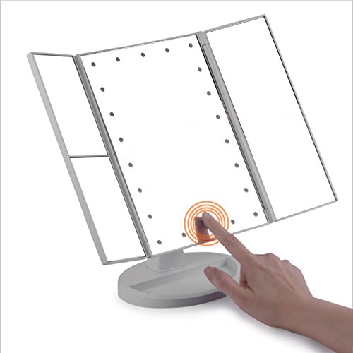 Makeup Mirror, LED Vanity Mirror with 21 LED Lights â€“ 3X/2X Magnifying Tri-Fold Countertop Cosmetic Mirror for Bedroom, Bathroom. Portable Design, Touch Screen and 180Â° Adjustable Rotation