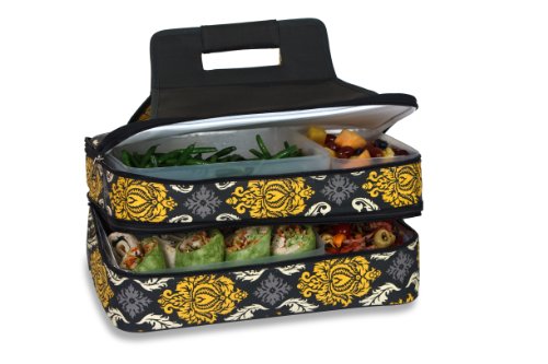 Picnic Plus 18" Casserole Carrier 2 Level Thermal Insulated Hot and Cold Food Carrier Double Layer Food Carrier Bag Potluck Carrier With Bonus Containers (Provence Flair) - Thumbnail 4