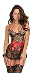 Lubricious Sexy Red and Black Open Back Dress Lingerie with Thong and Stockings
