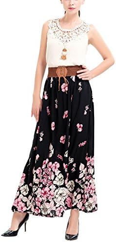 Women Boho Skirt Full Leghth Floral Chiffon Maxi Skirt High Waist Beach Skirt with Loose Belt