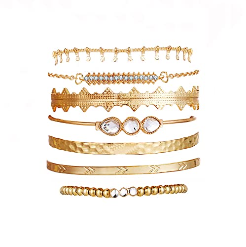 Branets Boho Crystal Bracelets Set Gold Layered Tassel Bangle Rhinestone Hand Chain Jewelry for Women and Girls (7 Pcs)