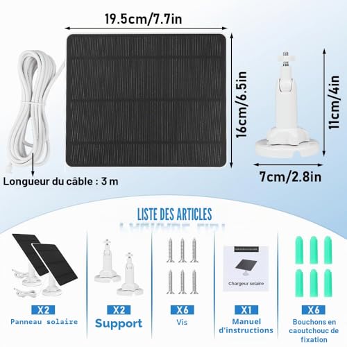 2 Pack 5W Solar Panel Compatible with Arlo Pro 3, Pro 4, Pro 5S, Pro 3 Floodlight, Ultra, Ultra2, 5V Solar Panels for Security Camera, 3M Cable, IP65 Waterproof, 360° Adjustable Bracket