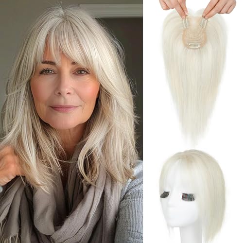 Photo 1 of SEIKEA Hair Toppers for Women Real Human Hair, 10" Clip in Bangs Hand-tied Base 1.4 * 2.2inch Natural Realistic with Thinning Hair with Wispy Bangs Silver White