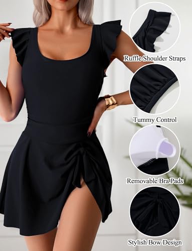 SEAUR One Piece Swimsuits for Women Modest Tummy Control Swimdress Vintage Knotted Bathing Suits Skirt