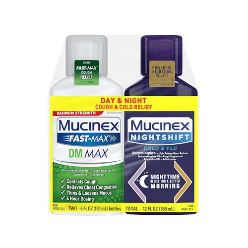 MAXIMUM STRENGTH MUCINEX FASTMAX DM MAX & MUCINEX NIGHTSHIFT COLD & FLU LIQUID (2 X 6 FL. OZ.) THINS & LOOSENS MUCUS, RELIEVES COUGH & CHEST CONGESTION, PAIN, FEVER, SNEEZING, SORE THROAT, RUNNY NOSE
