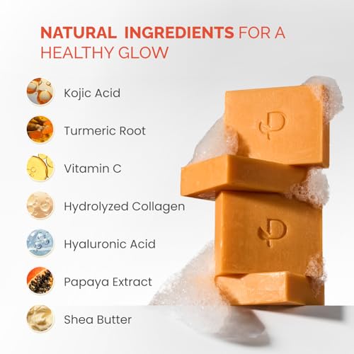 PLANTIFIQUE Kojic Acid & Turmeric Soap – Lab Tested – 4 Bars with Mesh Bag for Dark Spots & Hyperpigmentation – Face Wash with Vitamin C, Hyaluronic Acid & Collagen, 320 g