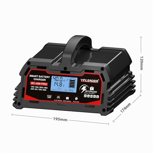 Car Battery Charger 40A/20A 12V/24V 20A/10A Car Battery Charger Fully Automatic Smart Charger with LCD Display, Chargers for 12V LiFePO4 Battery, Black