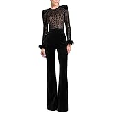THLAI Sexy Long Sleeve Jumpsuits for Women Velvet Zip Up Top Wide Leg Pants Jumpsuits Cocktail Party One Piece Outfits
