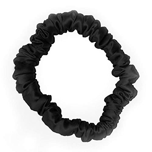 Waterlily Scrunchie 100% Mulberry Silk 22momme Skinny Thin Small Hair Ties Scrunchies for Women Soft Natural Care (Black)