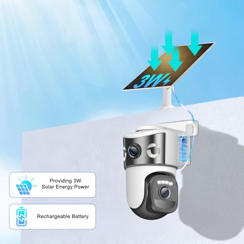 4K Dual Lens Solar Security Cameras Wireless Outdoor, 2.4G WiFi Camera Eurveillance Exterieur, 360° PTZ Solar Powered Security Camera with Color Night Vision, PIR Sensor, Spotlight Siren, 2-Way Audio