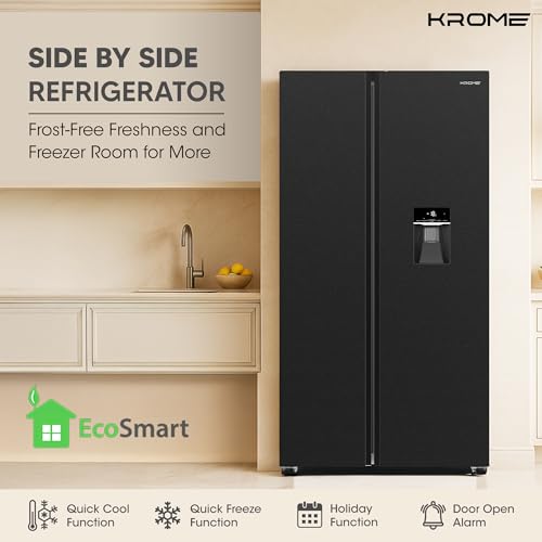 Krome 820L Gross Side-by-Side Refrigerator, 595L Net Capacity, No Frost, Inverter Compressor, Quick Cooling & Freezing, LED Touch Control, Twist Ice Maker, Dark INOX Metal Doors, KR-SBS 820WIH