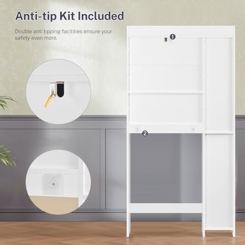 TEENFON Over the Toilet Storage Cabinet with 2 Removable Drawers, Above Toilet Storage Cabinet with 10 Storage Shelves, Taller Wooden Free Standing Bathroom Storage, Laundry Room Storage Shelf, White
