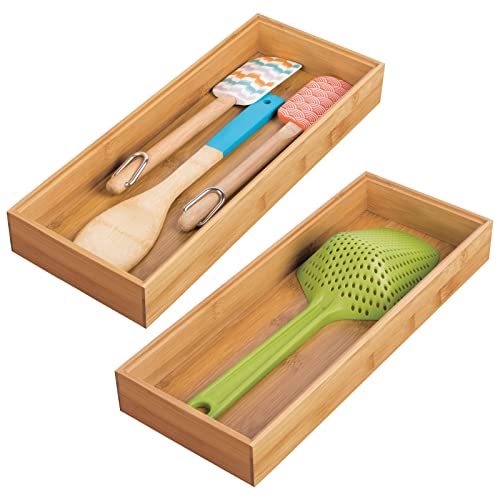 mDesign Pack of 2 Functional Wooden Tray — Elegant Bamboo Kitchen Drawer Organisers as Utensil or Cutlery Organiser — Convenient Drawer Organiser — 15.2 cm x 38.1 cm x 5.1 cm — Light Brown